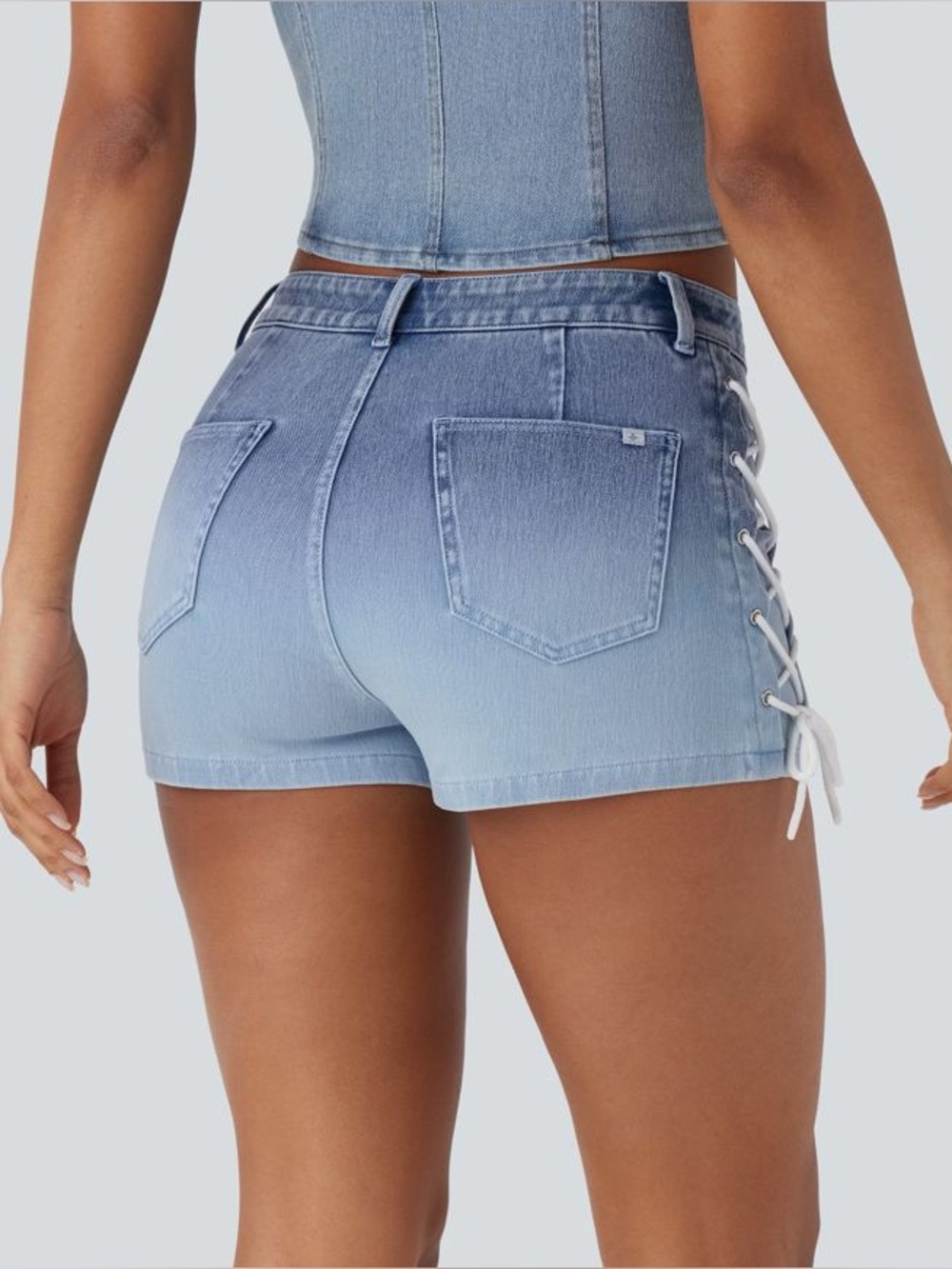 Halara Flex™ Mid Rise Lace Up Gradient Denim Casual Shorts 2” Blue Size M NWT - Picture 3 of 6